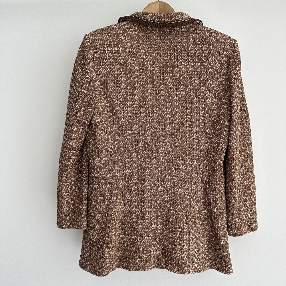 St John Tweed Jacket 12 Brown Textured Knit Gold Button Fringe Equestrian Luxury - Picture 9 of 16